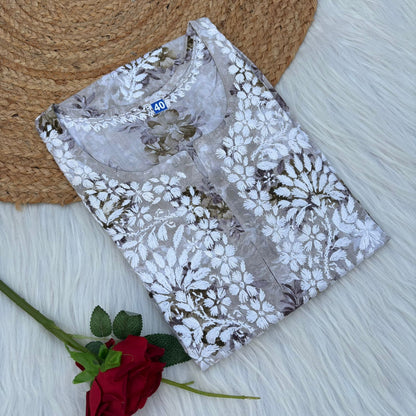 Fawziya Pure Mulmul Chikankari  Handwork Kurti - Brown Colour