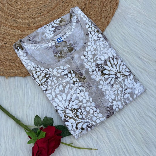 Fawziya Pure Mulmul Chikankari  Handwork Kurti - Brown Colour