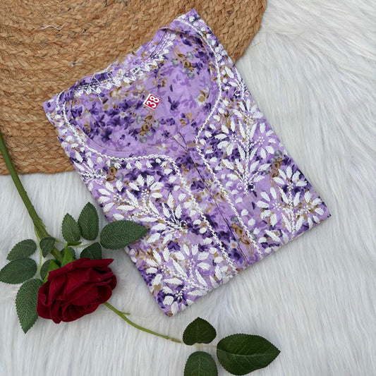 Rania Pure Mulmul Chikankari Handwork Kurti - Purple Colour