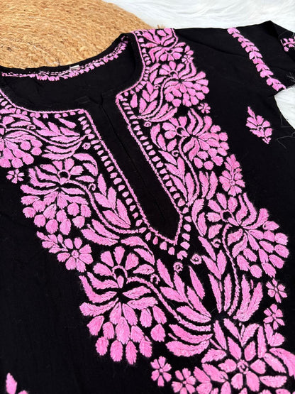 Shifa Soft Rayon Lucknowi Chikankari Kurti - Black Pink Color