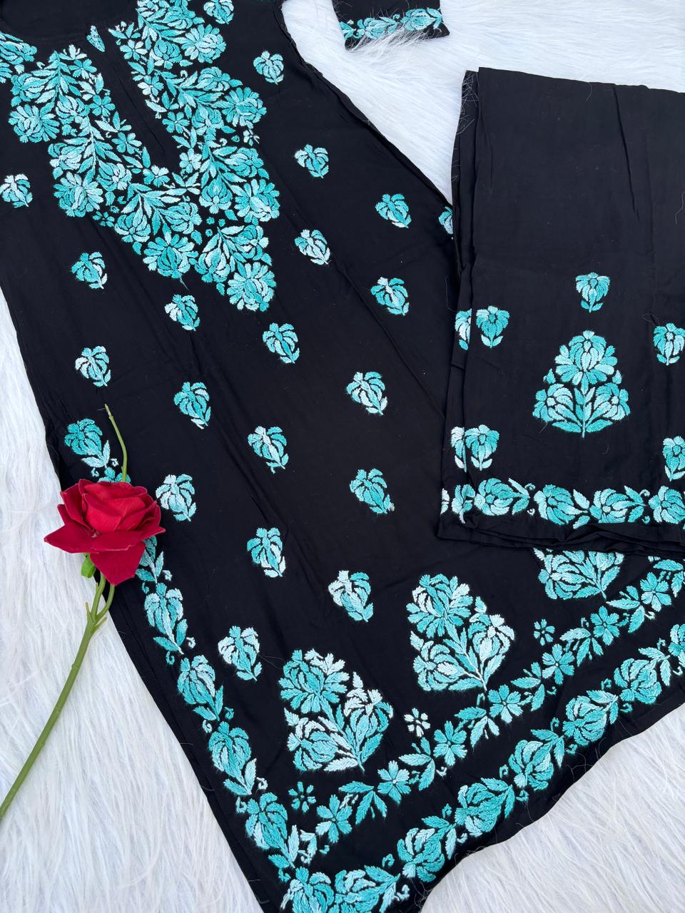 Rida Rayon Handwork Chikankari Kurti Set- Sea Green Colour