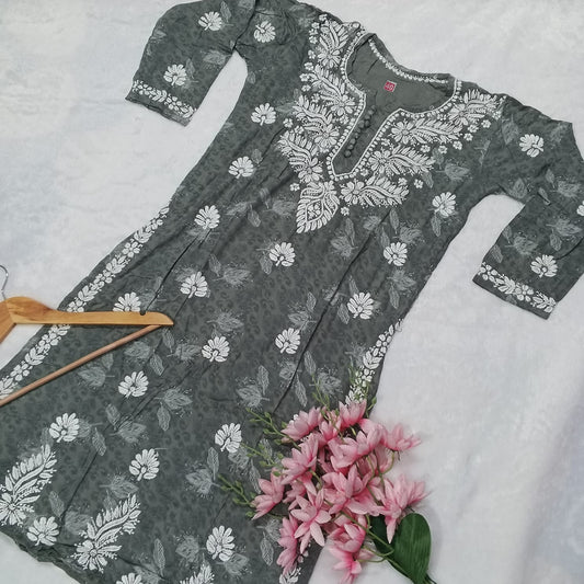 SOFT RAYON PRINTED CHIKANKARI KURTI - GREY COLOR