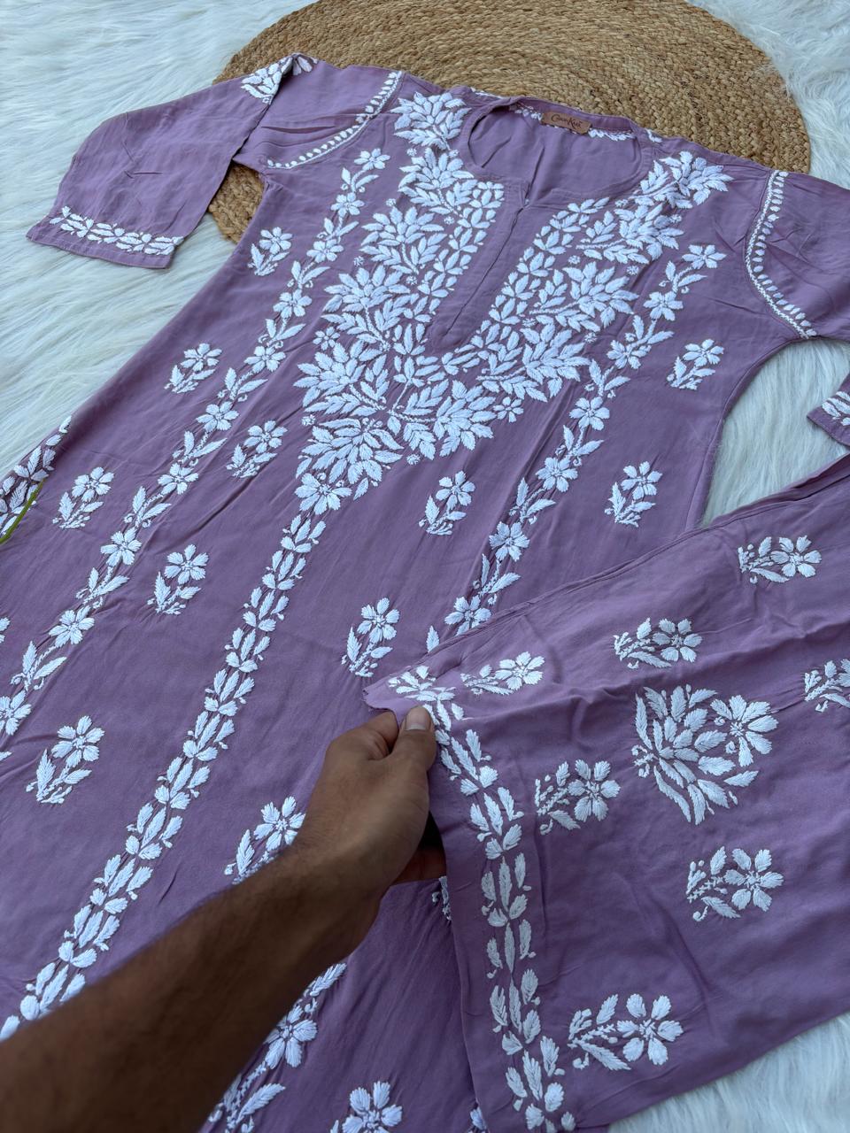 Samara Rayon Handwork Chikankari Kurti Plazo Set - Mauve Colour