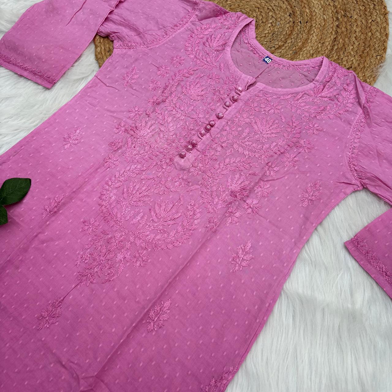 Farah Ombre Shaded Dobby Cotton Chikankari Kurti - Pink colour