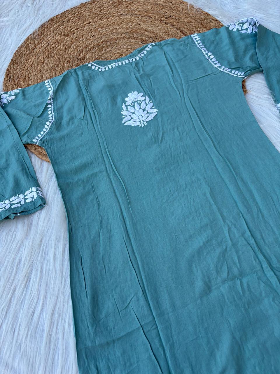 Samara Rayon Handwork Chikankari Kurti Plazo Set - Sea Green Colour