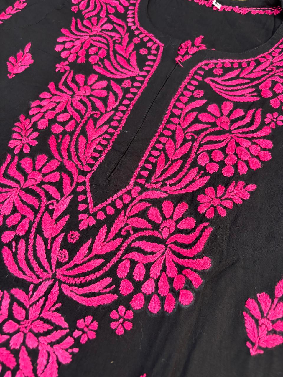 Shifa Soft Rayon Lucknowi Chikankari Kurti - Black Dark Pink Color