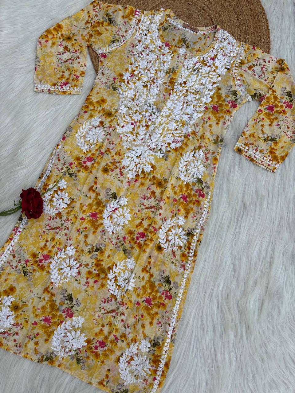 Fatima Pure Mulmul Chikankari  Handwork Kurti - Yellow Colour