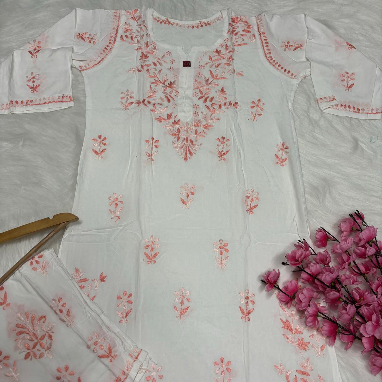 Aleena Rayon Chikankari Kurti Plazo Set - White Peach color