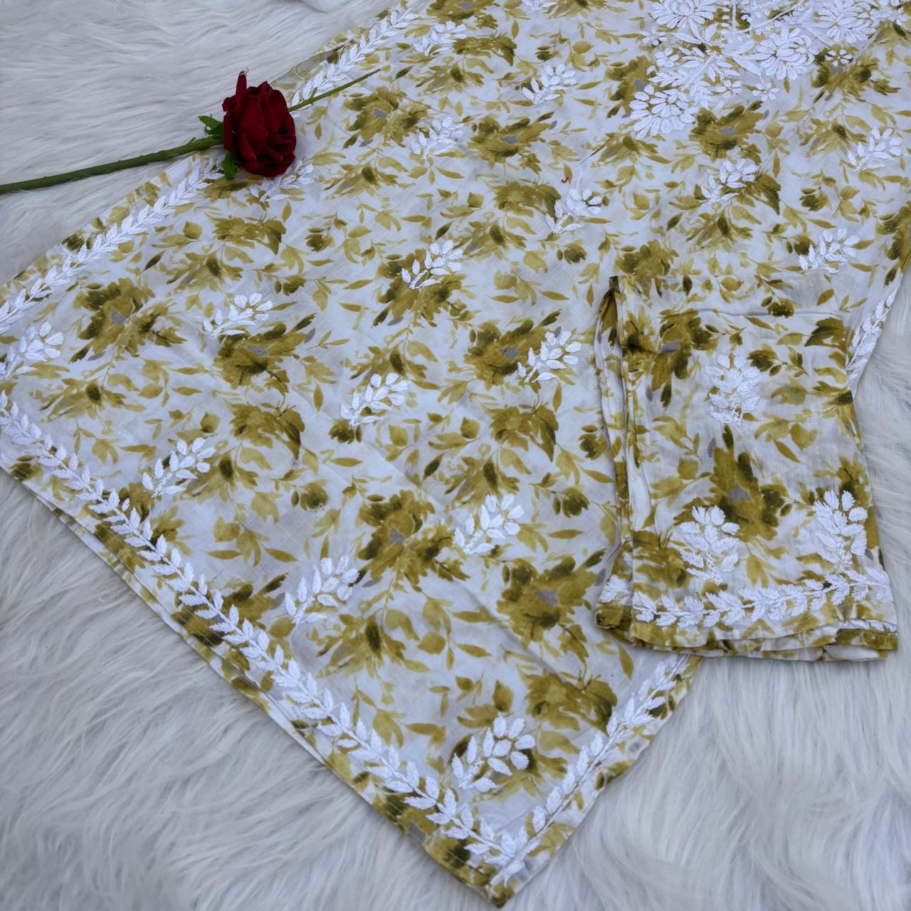 Aaliyah Mulmul Cotton Chikankari Kurti Set -Green Colour