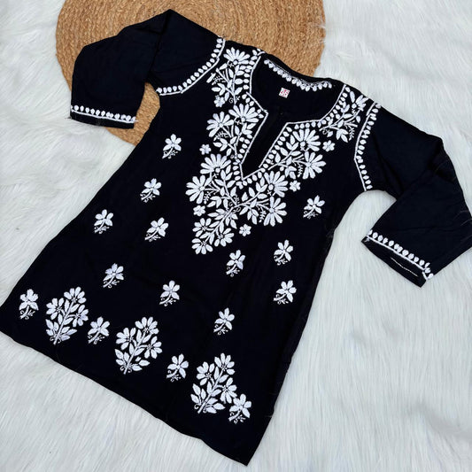 Ina Soft Rayon Chikankari Short Kurti - Black Colour