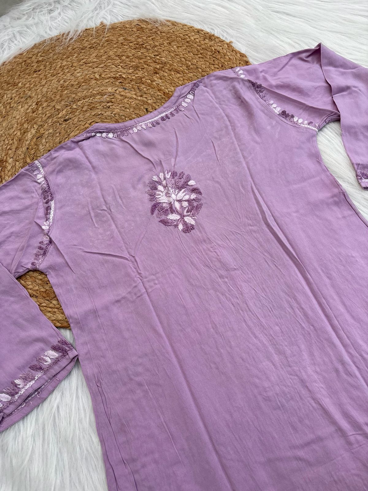 Roohi Rayon Tone To Tone Lucknowi Handwork Chikankari Kurti - Lavender Color
