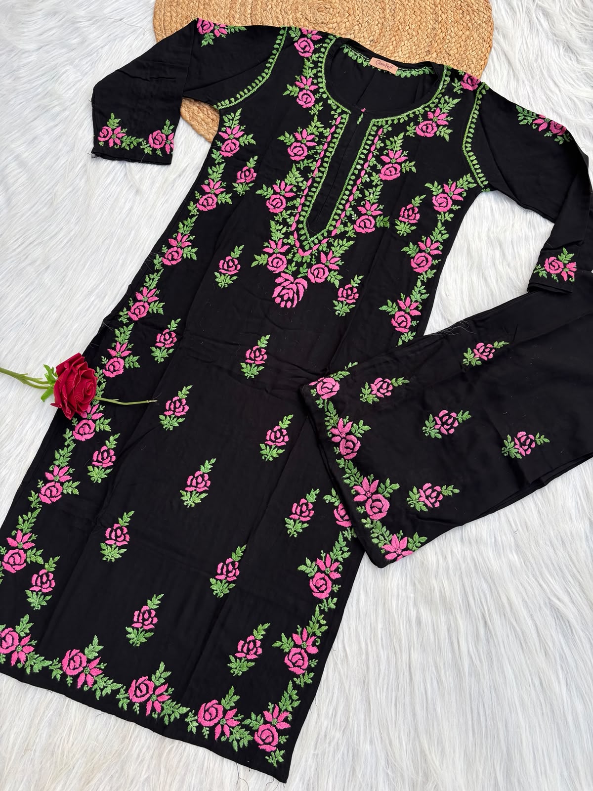 Sabah Rayon Handwork Chikankari Kurti Set - Pink Colour