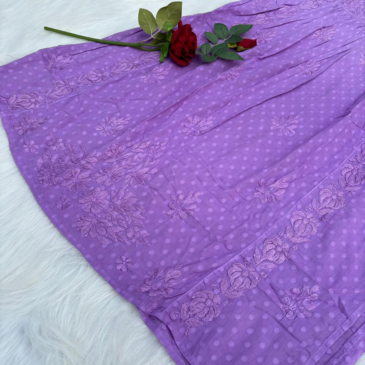 Aliya Dobby Cotton Nyra Cut Chikankari Aline Kurti - Purple Colour