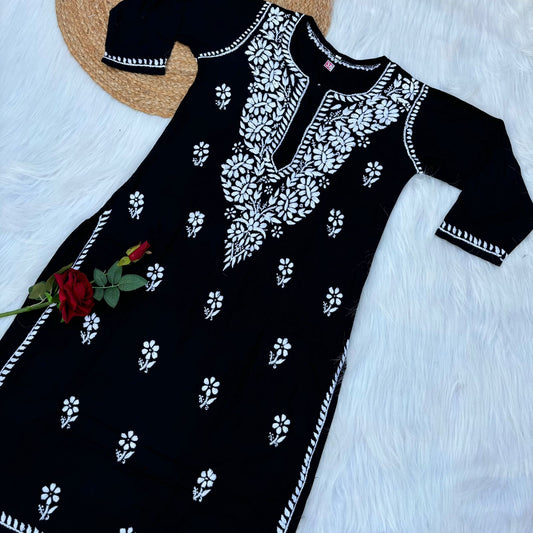 Hiba Soft Rayon Chikankari Kurti - Black Colour