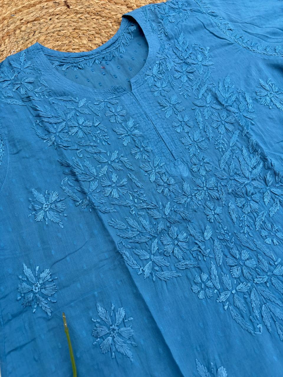 Ziva Soft Dobby Cotton Lucknowi Handwork Chikankari Short Kurti - Blue Colour