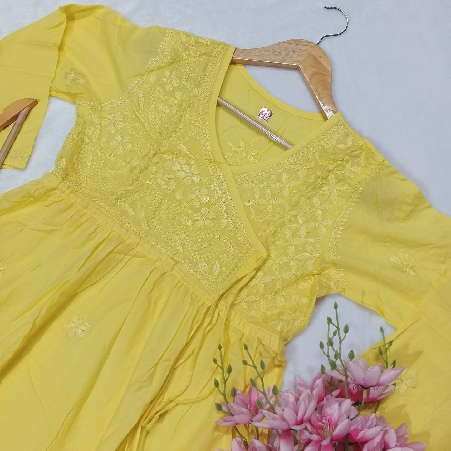 DOBBY COTTON CHIKANKARI 
SHORT ANGARAKHA GOWN - YELLOW COLOUR - chikankaar