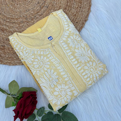 Isha Slub Cotton Chikankari Kurti - Yellow colour