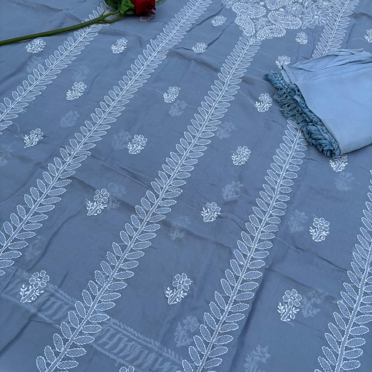 Madhuri Voile Cotton Chikankari Unstitched 3 pc set - Grey Colour