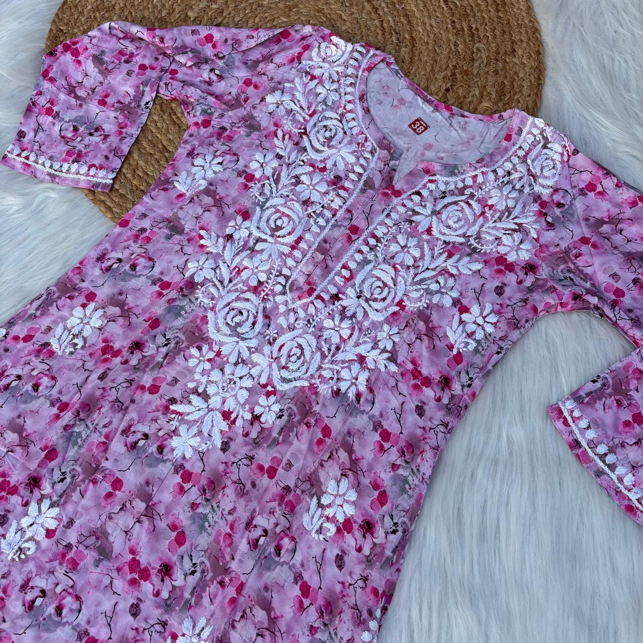 Hina Rayon Rose work Lucknowi Chikankari kurti -Pink Colour