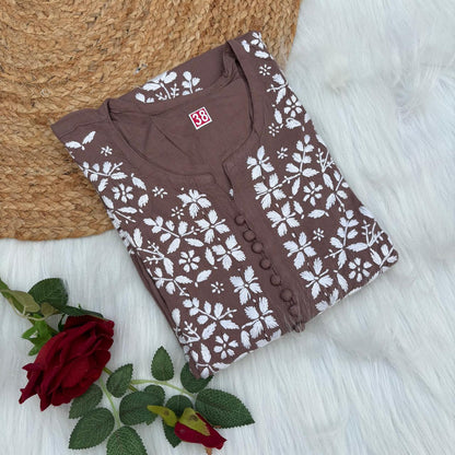 Ameena Soft Rayon Chikankari Kurti - Brown Colour
