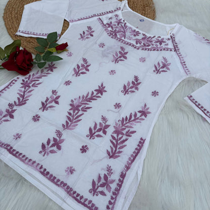 Alia Soft Rayon Chikankari Short Kurti - White Mauve Color - Chikankaar