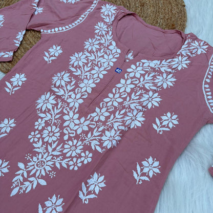 Maya Rayon Chikankari Kurti Plazo Set - Blush Colour