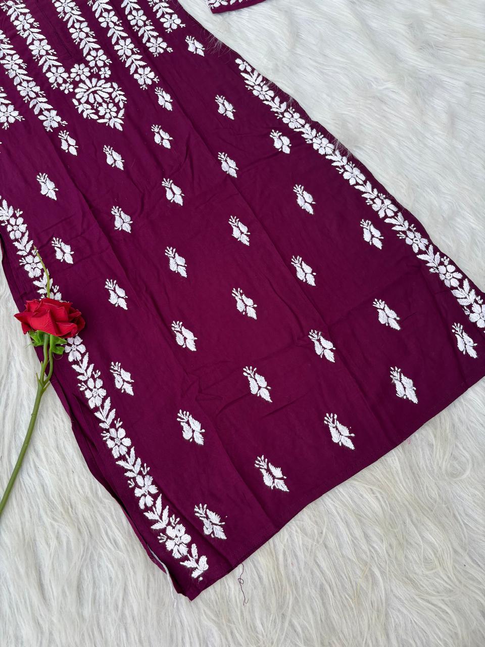 Zoobia Soft Rayon Handwork Chikankari Kurti - Wine Colour
