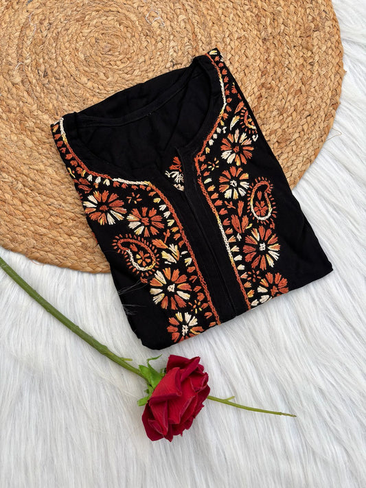 Ghada Soft Rayon Lucknowi Handwork Chikankari Kurti -Rust Colour