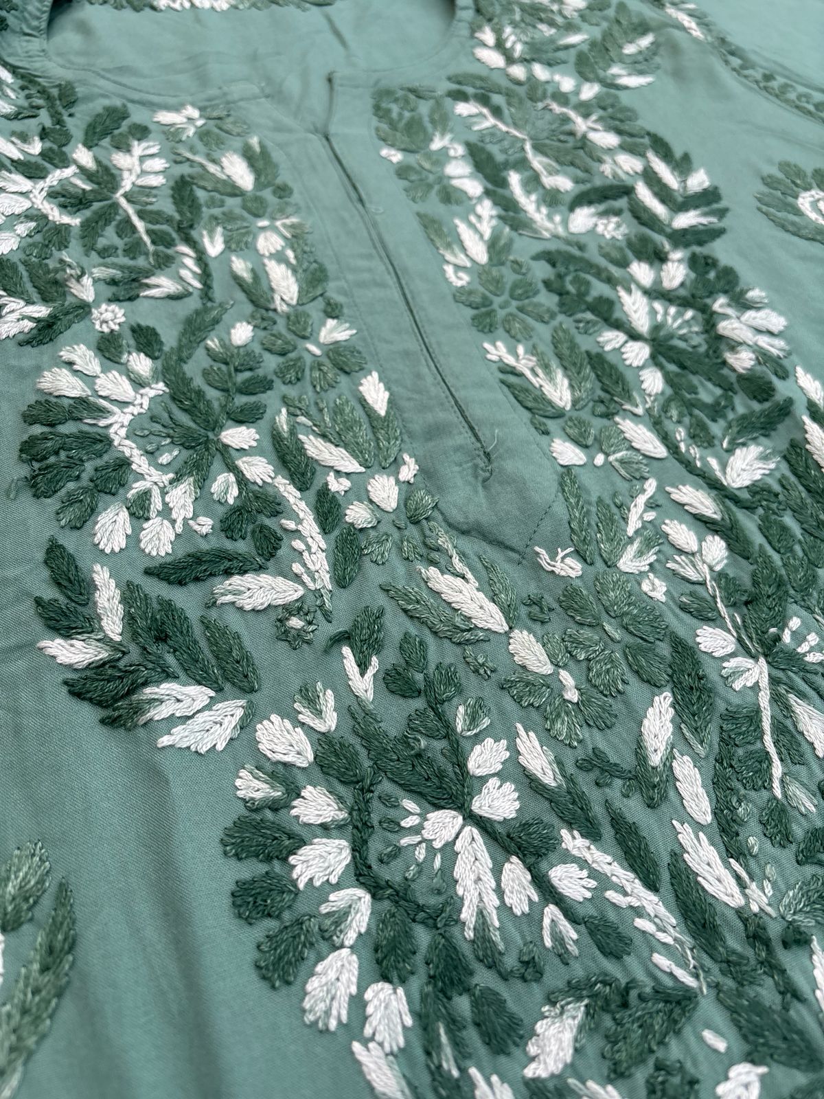 Roohi Rayon Tone To Tone Lucknowi Handwork Chikankari Kurti - Sea Green Color