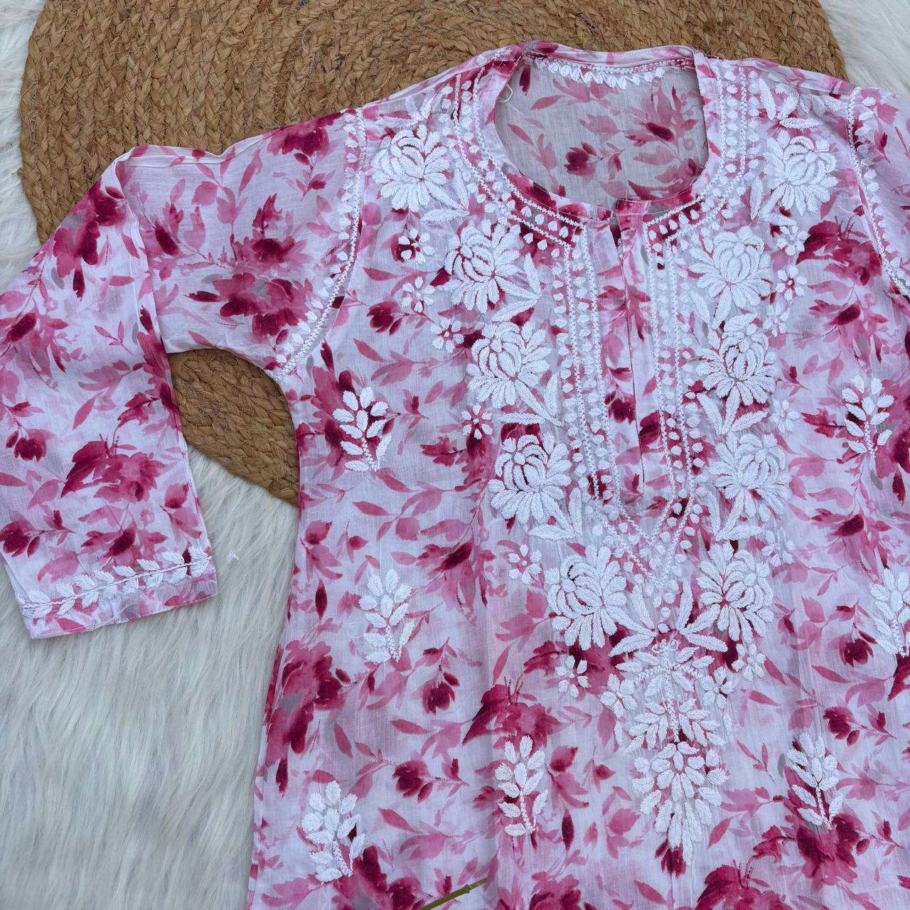 Aaliyah Mulmul Cotton Chikankari Kurti Set - Pink Colour