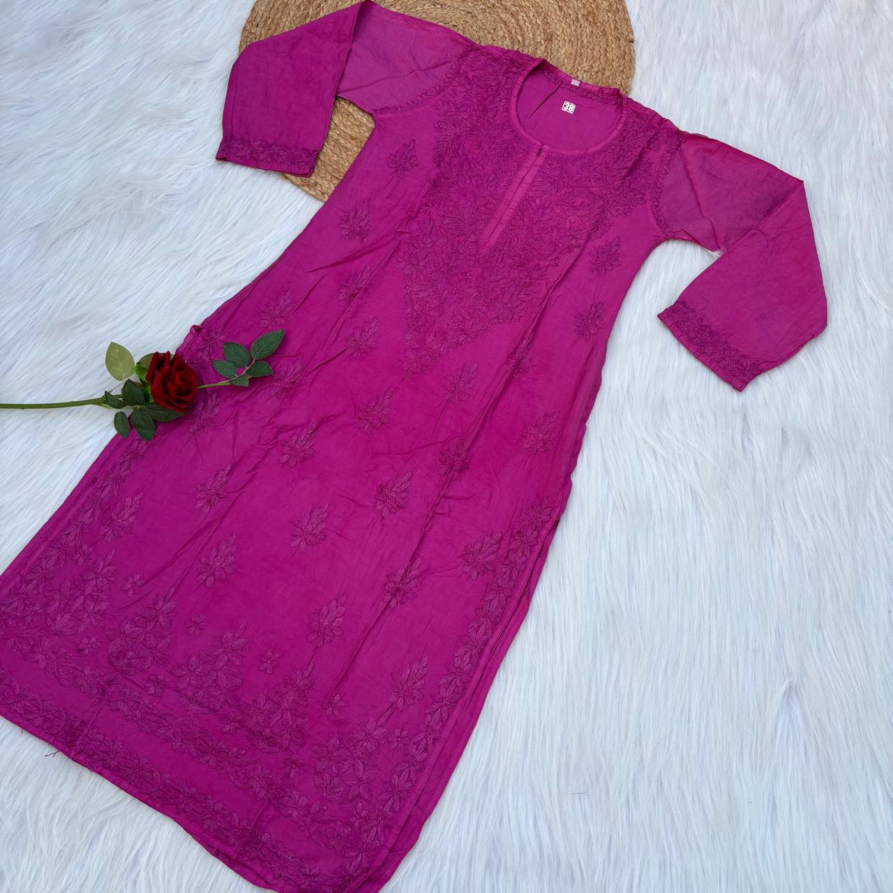 Zooni Chanderi Lucknowi Chikankari Dyed Kurti -Rani colour