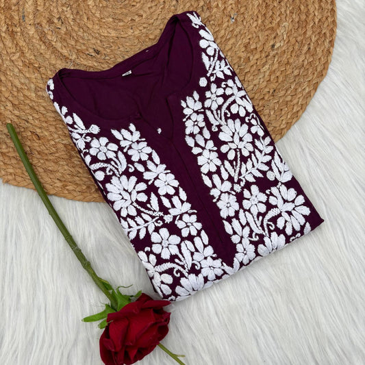 Maysa Soft Rayon Chikankari Kurti - Wine Colour
