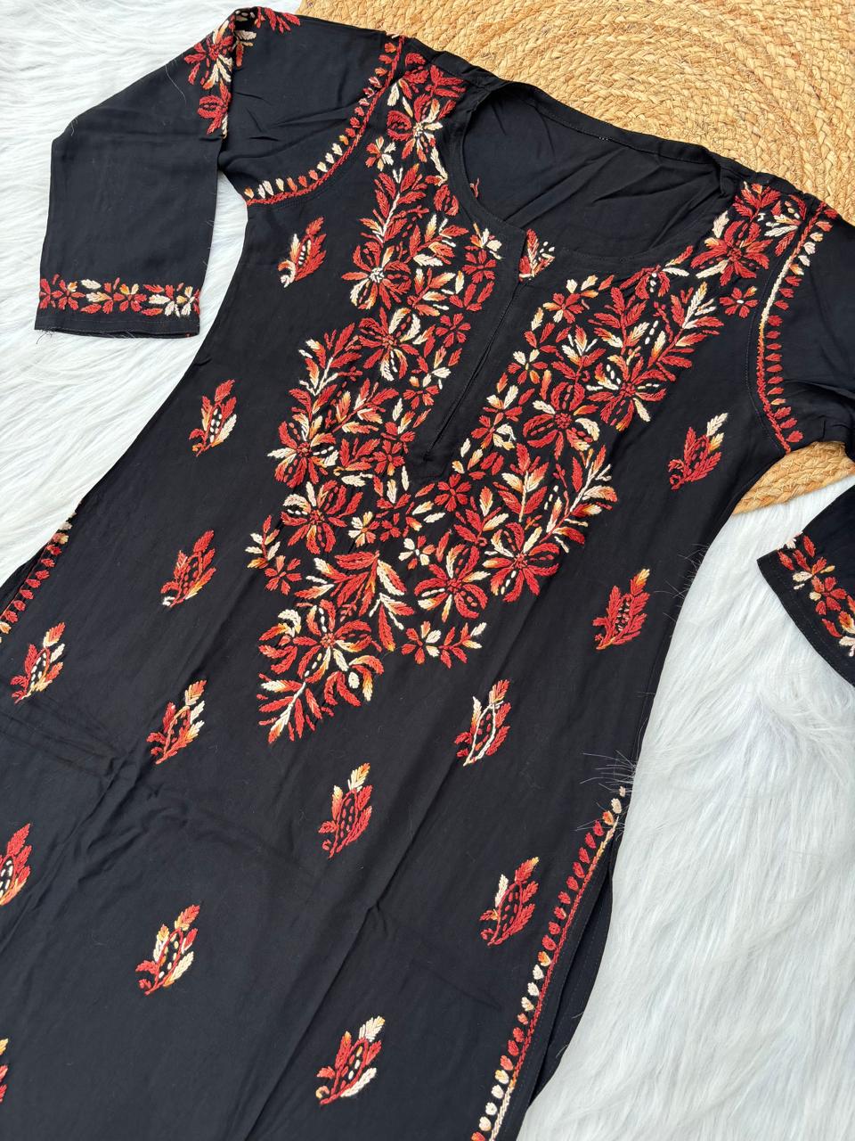 Shefrin Soft Rayon Lucknowi Handwork Chikankari Kurti - Brown Colour