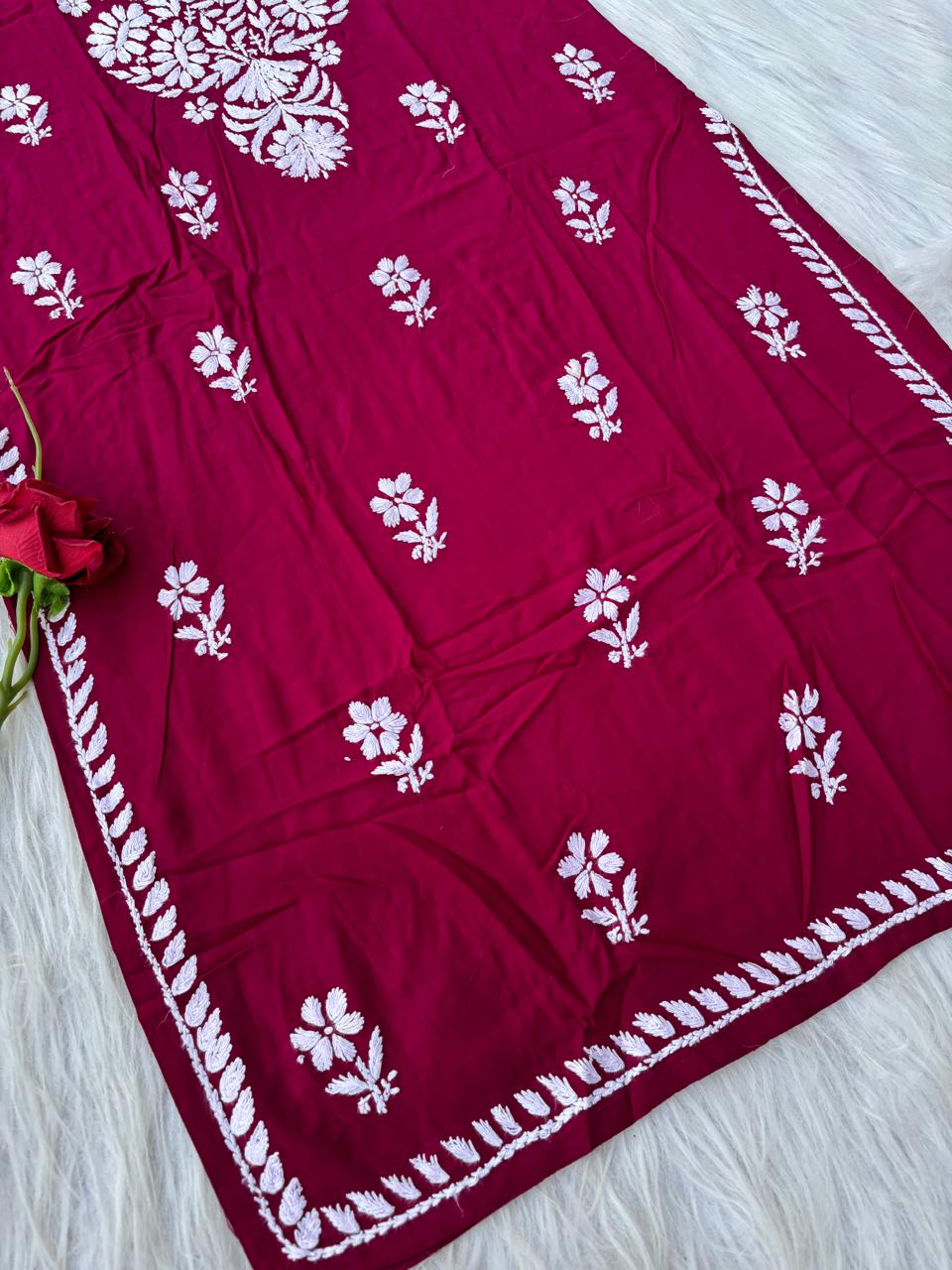 Hiba Soft Rayon Handwork Chikankari Kurti - Maroon Colour