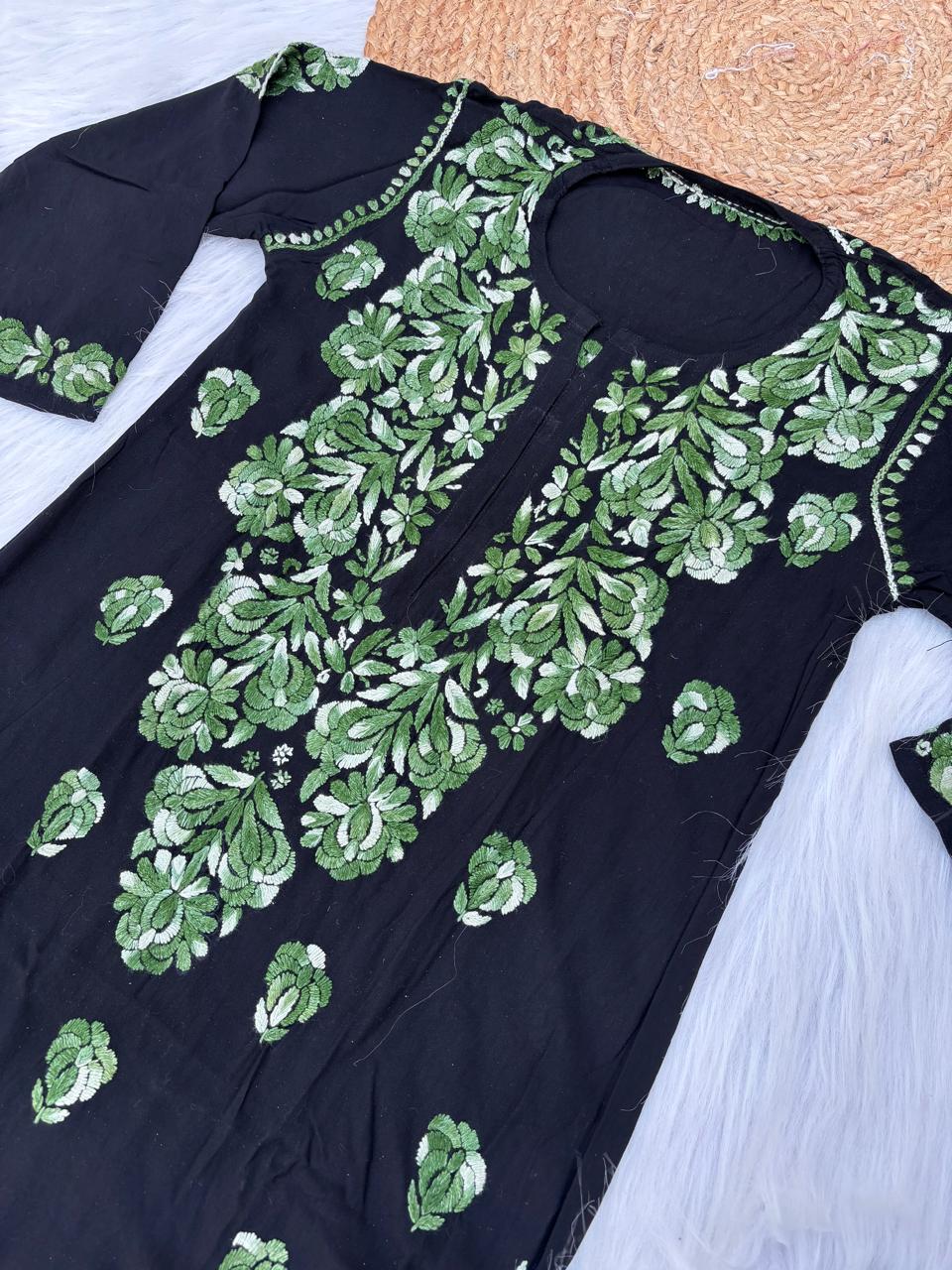 Rida Rayon Handwork Chikankari Kurti Set - Green Colour