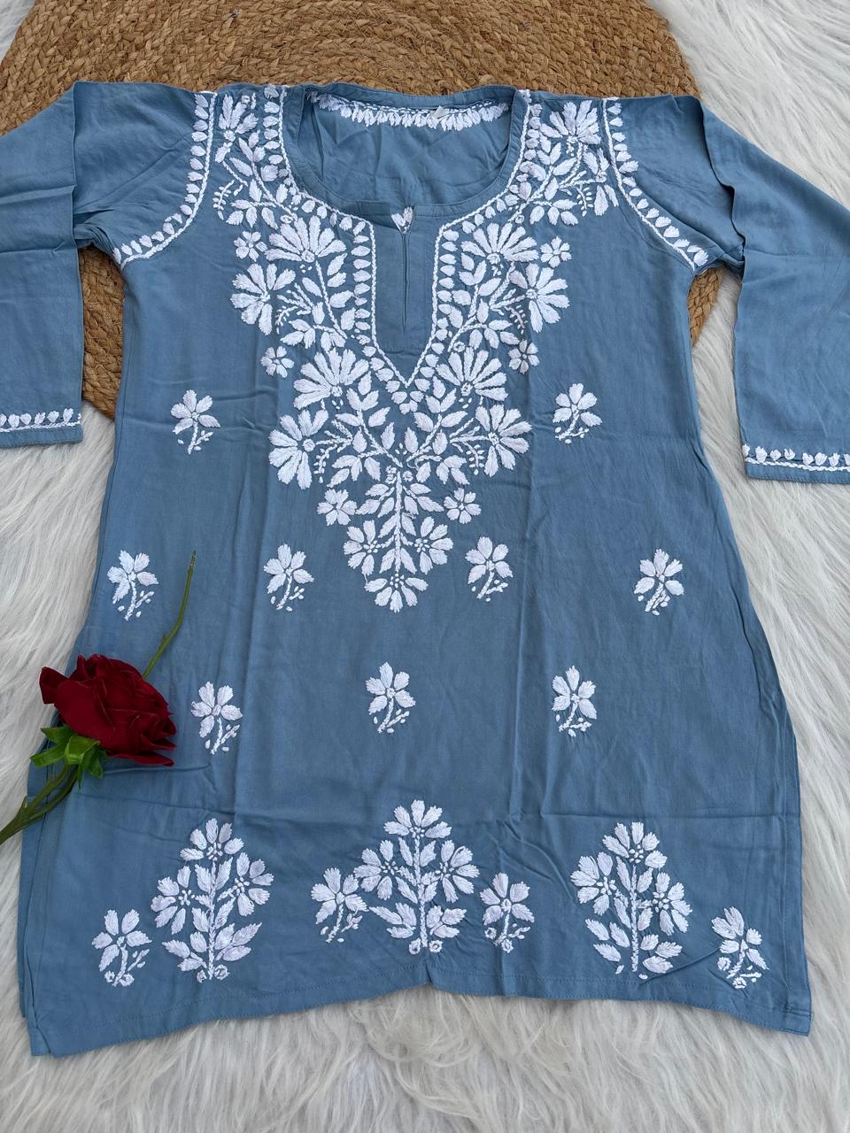 Ina Soft Rayon Handwork Chikankari Short Kurti - Blue Colour