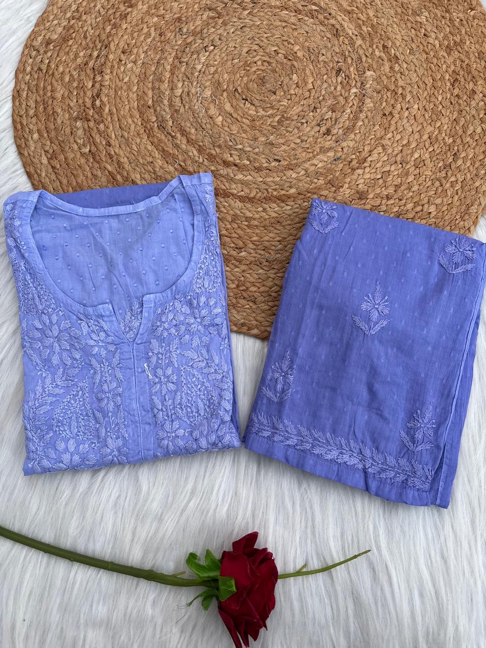 Nuha Dobby cotton Ombre shaded Lucknowi Chikankari Kurti Plazo Set - Lavender Colour