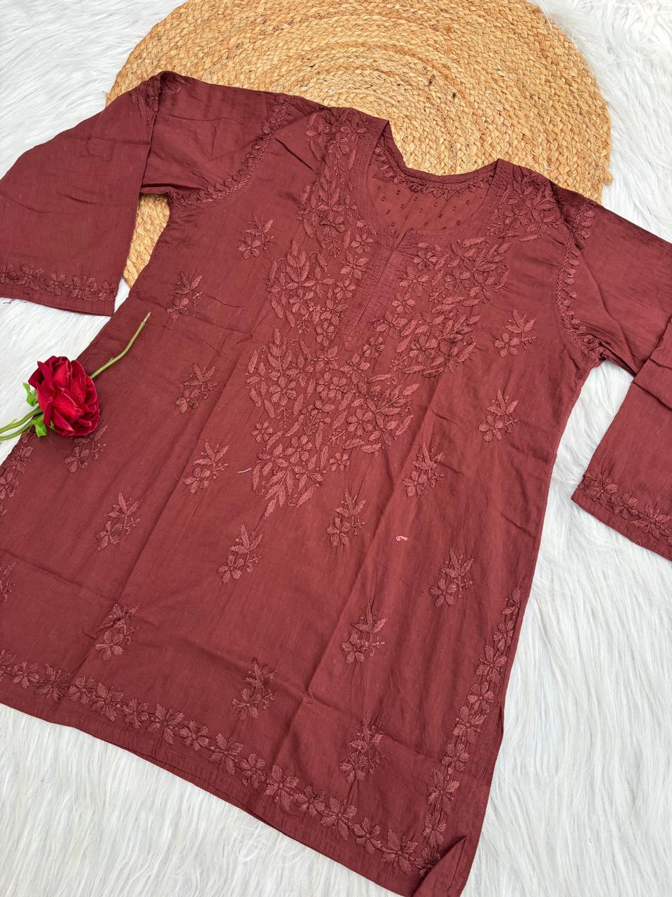 Ziva Soft Dobby Cotton Lucknowi Handwork Chikankari Short Kurti - Brown Colour