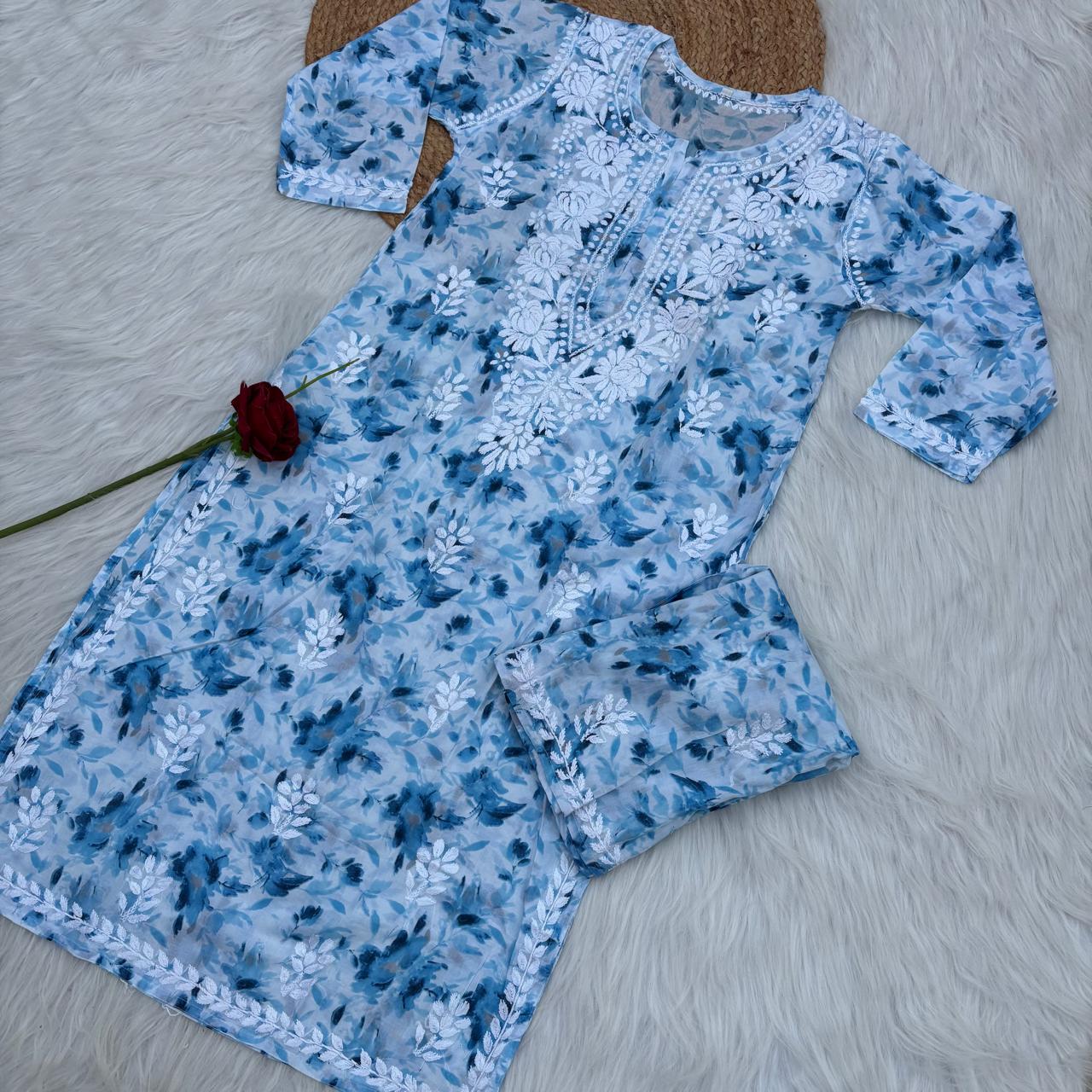 Aaliyah Mulmul Cotton Chikankari Kurti Set -Blue Colour