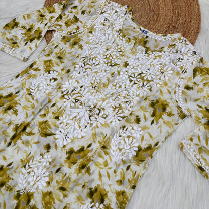 Amara Pure Mulmul Chikankari  Handwork Kurti -Green Colour