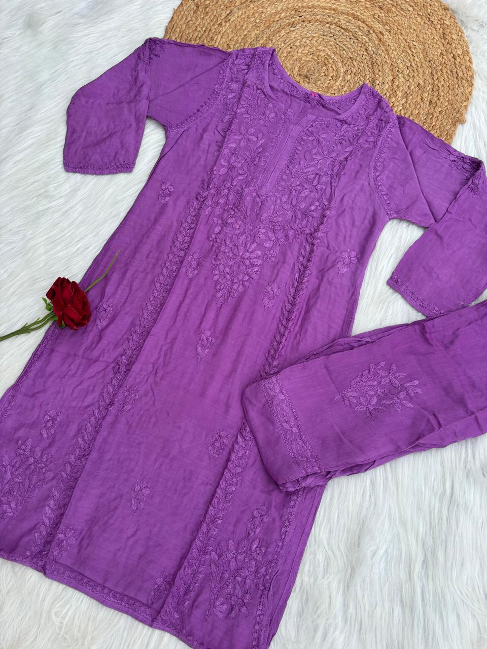 Nadia Muslin Lucknowi Chikankari Kurti Pant Set - Purple Color