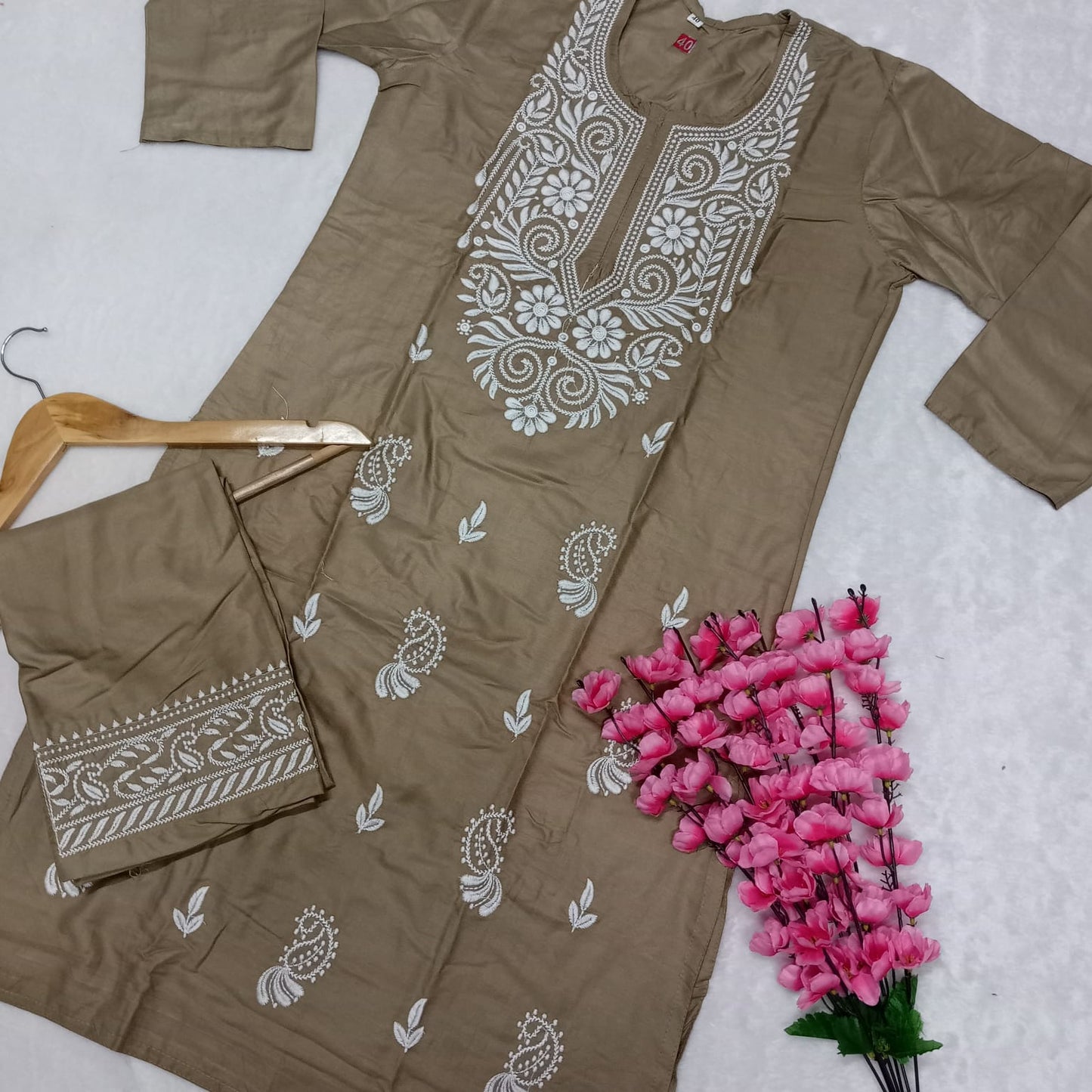 Rayon Chikankari Machine Work  Kurti Plazo Set- Brown Colour