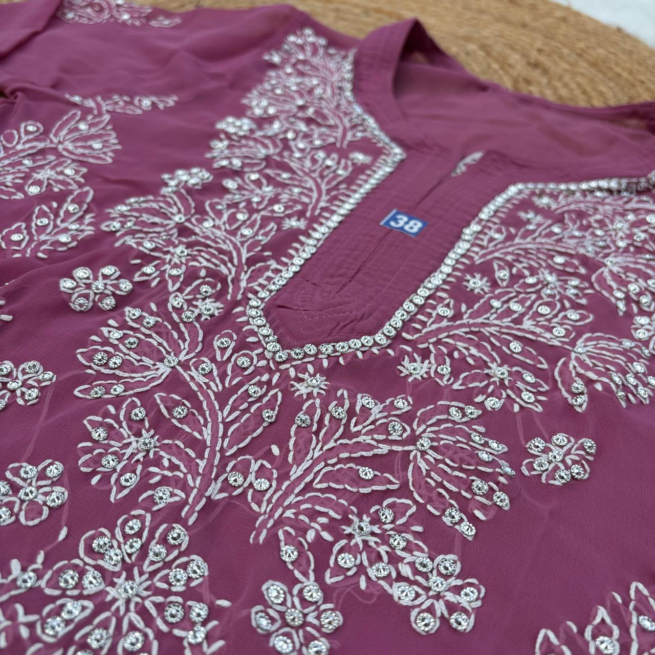 Stone Work Georgette Chikankari Kurti -Mauve Colour