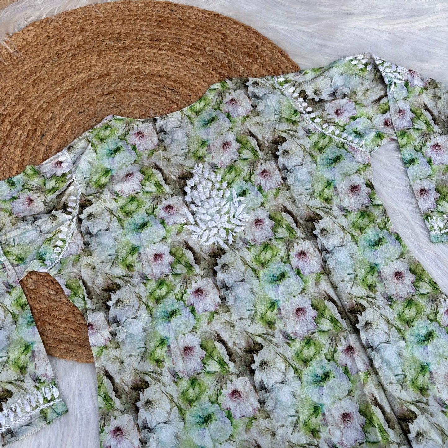 Fiza Pure Cotton Floral Lucknowi Chikankari Kurti - Green Colour