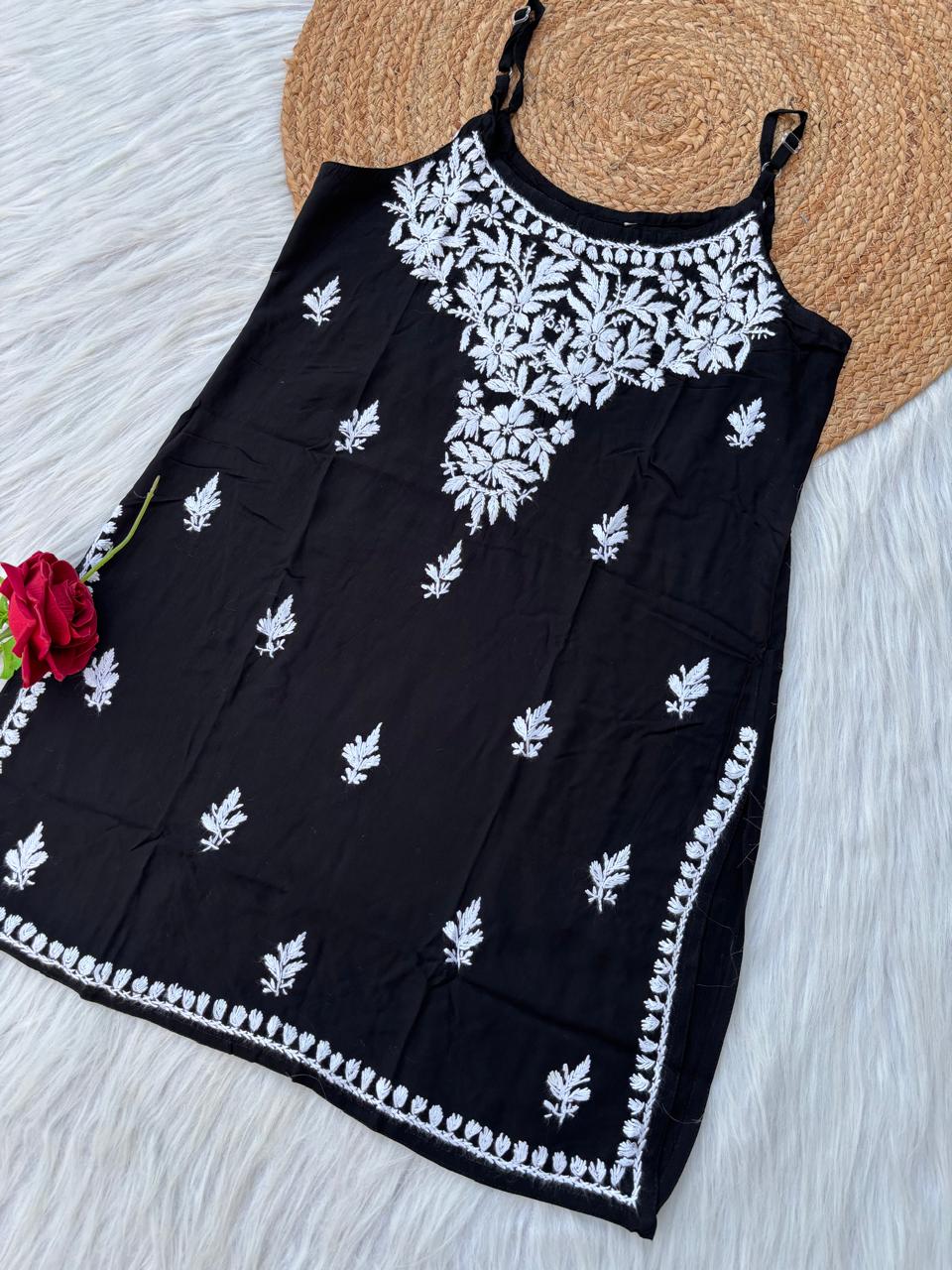 Ayla Rayon Handwork Chikankari Noodle Strap Short Kurti - Black Colour