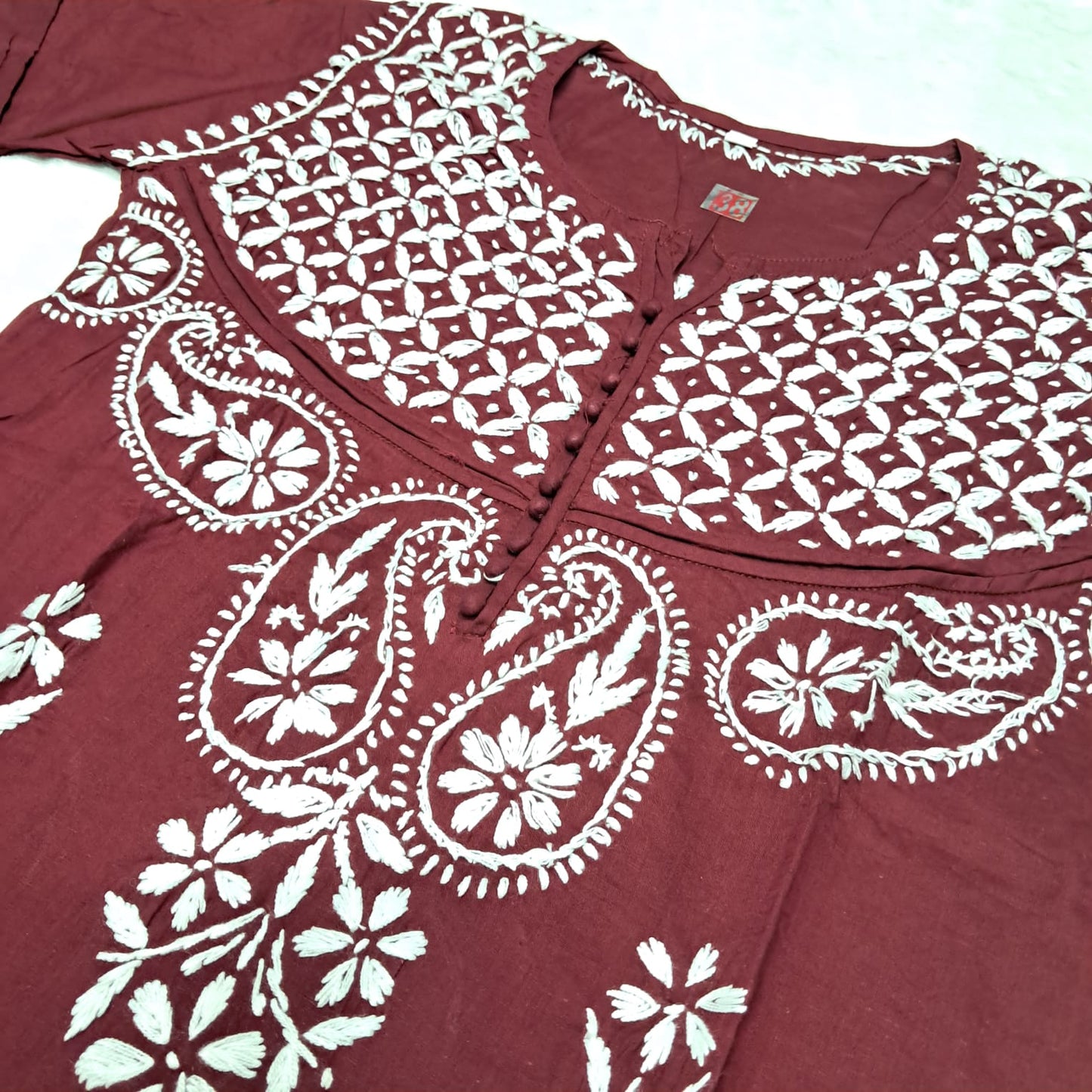 Adiva Pure Cotton Chikankari Handwork Kurti - Maroon Colour