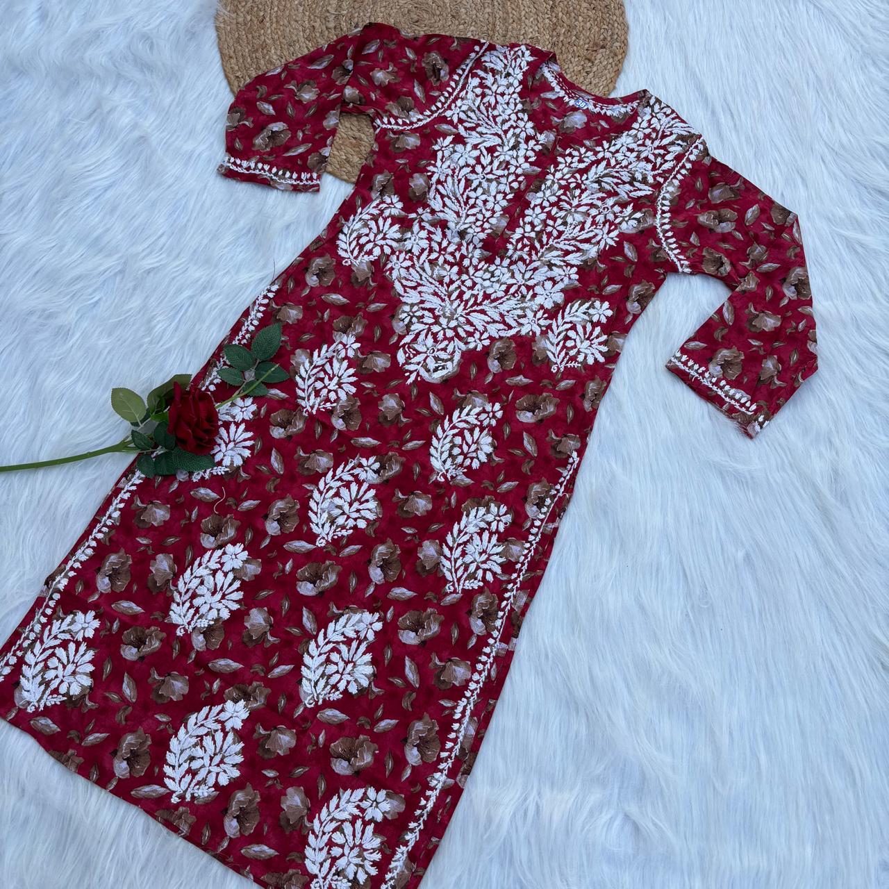 Sana Pure Mulmul Chikankari  Handwork Kurti - Red Colour