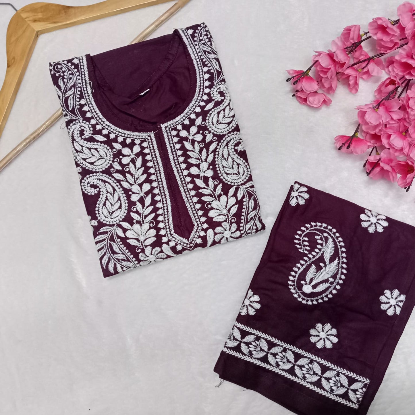 Rayon Chikankari Machine Work  Kurti Plazo Set- Wine Colour