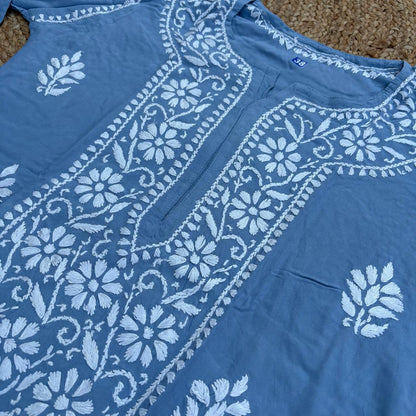 Soft Rayon Chikankari Kurti - Blue Colour