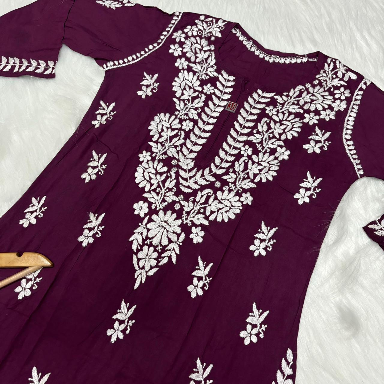 Avneet Kaur Inspired Modal Chikankari Kurti - Wine colour